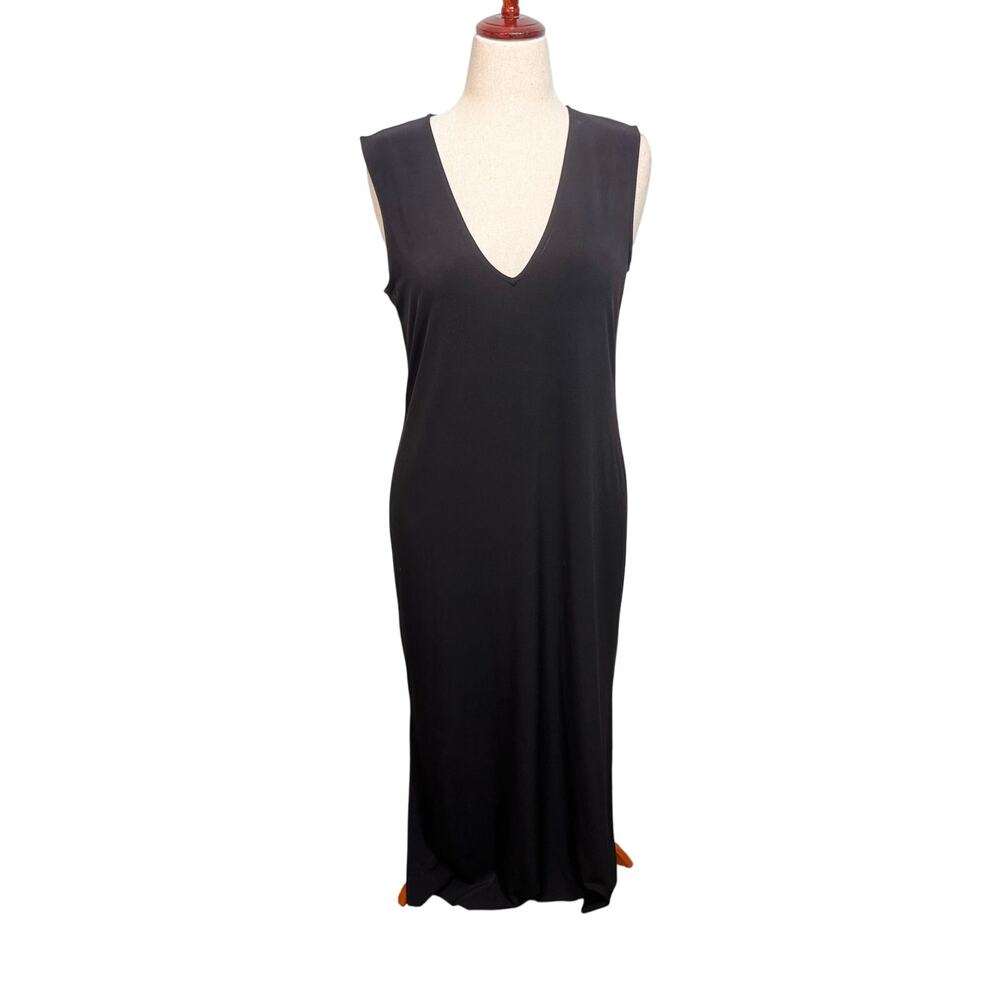Chico's Black Label sleeveless maxi dress black knit v-neck Side hem slits  Sz M